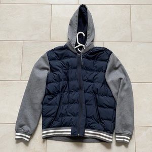 Varsity-Style Blue Bomber Jacket, American Eagle